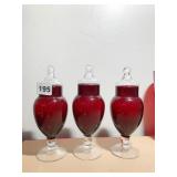 3 RUBY GLASS BASE CANDY JARS W/ LIDS