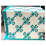 HANDMADE GREEN , WHITE AND PINK QUILT