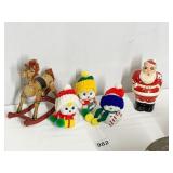 VINTAGE CHALK SANTA, CERAMIC SNOWMEN, WOOD HORSE