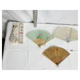 3 HAND PAINTED FOLDING FANS, ONE WITH ORIGINAL
