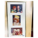 LAWRENCE BERMAN FRAMED 3 CLOWN PRINT 20" X 10.5"
