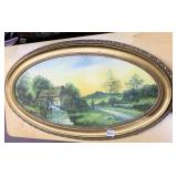 OVAL WATER MILL PRINT GOLD FRAME UNDER GLASS 33"