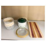 WOOD CUTTING BOARD, GOLD RIM BOWL, COUNTRY