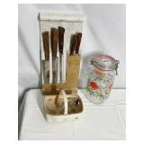 10" GLASS FLOWERED CANISTER, FLINK ECKO KNIFE SET