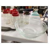 GLASS JARS, CUTTING BOARD AND LARGE MIXING BOWL