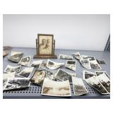 ANTIQUE WOOD SWIVEL PICTURE FRAME & VINTAGE