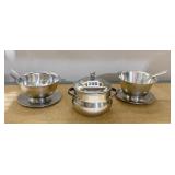 STAINLESS STEEL COVERED SUGAR AND 2 SERVING BOWLS