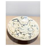 SIGNED POTTERY DISH BLUE/BROWN/BLACK DESIGN 9.5"