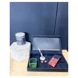 JEWELRY DISPLAY CASE, GLASS CANDLE HOLDER, PEN