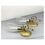 PAIR OF GOLD METAL CANDLE HOLDERS WITH GLASS