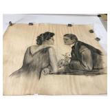 CHARCOAL DRAWING ROMANTIC CARD PLAYERS - SIGNED