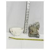 CARVED MARBLE FISH ON WAVE AND MILK GLASS SWAN