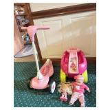 PINK RADIO FLYER, MEGA BLOCK SCOOTER AND TWO BABY