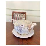 CERAMIC FLORAL SOUP TUREEN ON CERAMIC PLATE