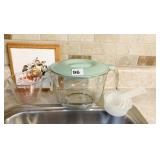 PYREX MEASURING CUPS, CERAMIC TRIVET, ETC.