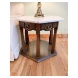 6-SIDED WOOD & MARBLE SIDE TABLE 23"X 21"