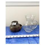 POTTERY VASE AND GLASS PITCHER