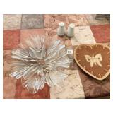 GLASS FLORAL PLATTER, HEART SHAPED BOWL JAMAICA,