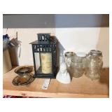LANTERN WITH CANDLE, GLASS CANNING JARS ETCETERA