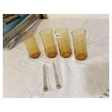 AMBER GLASSES AND 2 LUCITE GLASSES