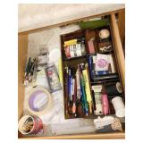 VARIOUS PENS, PENCILS, TAPE, SCISSORS, THREAD,