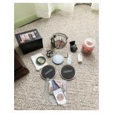 BOX OF COASTERS, SEEDS, FURNITURE MOVERS, YANKEE