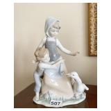 LLADRO GIRL & BOY WITH DUCK 10" H