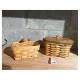 2 LONGABERGER HANDWOVEN BASKETS ONE WITH LEATHER