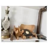 WOOD SLEIGH, GLASS LAMP ETC.