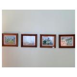 FOUR FOIL PRINTS OF HOUSES FRAMED