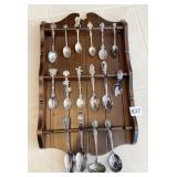 SPOON HOLDER WITH COLLECTIBLE SPOONS SILVER PLATE