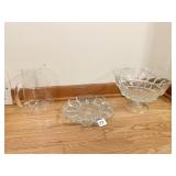 GLASS EGG PLATE, PUNCH BOWL, PYREX CLEAR PITCHER,