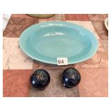 GREEN FIESTA WARE OVAL BOWL & DEEP BLUE SALT &