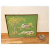 HAND STITCHED FRAMED RURAL SCENE 22" X 19" &