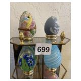 PARIAN EGG, PORCELAIN EGG W/ PARROT, 2 GLASS EGGS