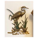 BRASS CRANE ON LOG WALL HANGING, 21"