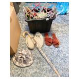 BIN WITH NO LID, HANGERS, NEW PLAID HAT, SLIPPERS