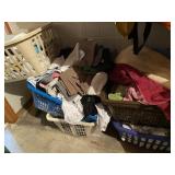 5 LAUNDRY BASKETS W/ OLDER TOWELS, SOCKS, T