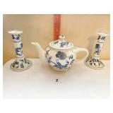 BLUE DANUBE TEAPOT AND 2 CANDLE STICKS