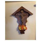 29" HAND CARVED JESUS ON CROSS WITH FLOWER BOX