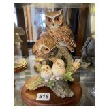 SCREECH OWL PORCELAIN FIGURINE ON WOOD PEDESTAL