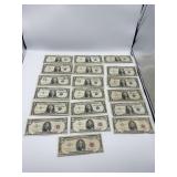 4 RED SEAL 5 DOLLAR BILLS AND 15 SILVER