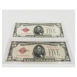 2 RED SEAL 5 DOLLAR BILLS 1928 AND 1928B