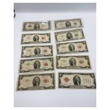 7 RED SEAL 2 DOLLAR BILLS, 2 BLUE SEAL $5.00