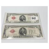 2 RED SEAL 5 DOLLAR BILLS 1928C AND 1928E