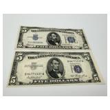 2 BLUE SEAL 5 DOLLAR BILLS 1934-A 1953