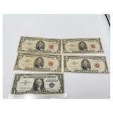 4 RED SEAL 1963 5 DOLLAR BILLS AND 1 BLUE SEAL 1