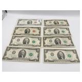 8 - TWO DOLLAR BILLS AND 1 RED SEAL 2 DOLLAR BILL