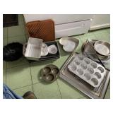 LARGE CLEAR TOTE WITH LID WITH POTS AND PANS FULL