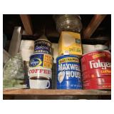 COFFEE CANS FILLED W/ ALL KINDS OF ITEMS, TREE